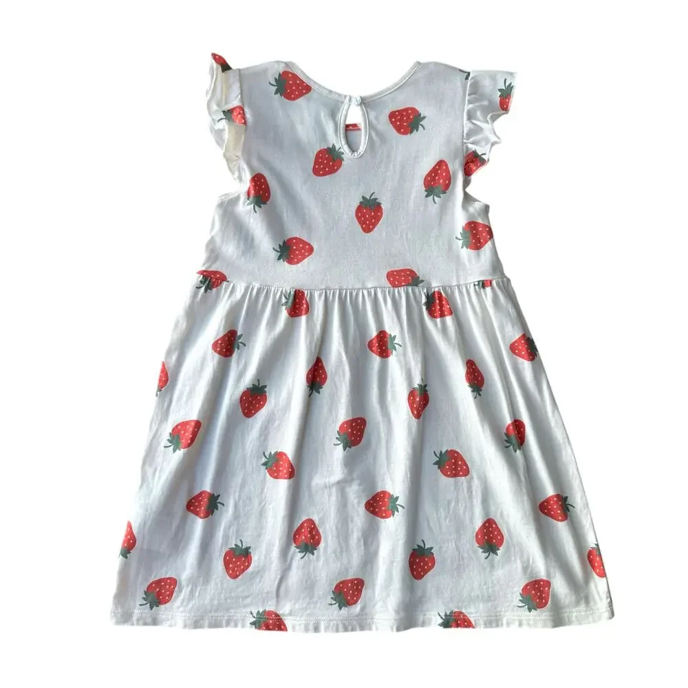 H&M Ruffle Trimmed Strawberry Print Dress, Size 4T, Creme
